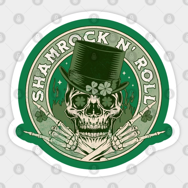 Shamrock and Roll - Rock and Roll Saint Patrick's Day Skull Sticker by OrangeMonkeyArt